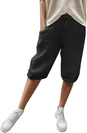 sdbrld Linen Shorts for Women High Waisted Plus Size Knee-Length Bermuda Shorts 2024 Drawstring Casual Summer Shorts w/Pocket
