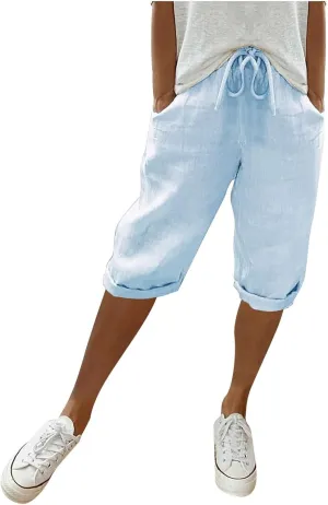 sdbrld Linen Shorts for Women High Waisted Plus Size Knee-Length Bermuda Shorts 2024 Drawstring Casual Summer Shorts w/Pocket