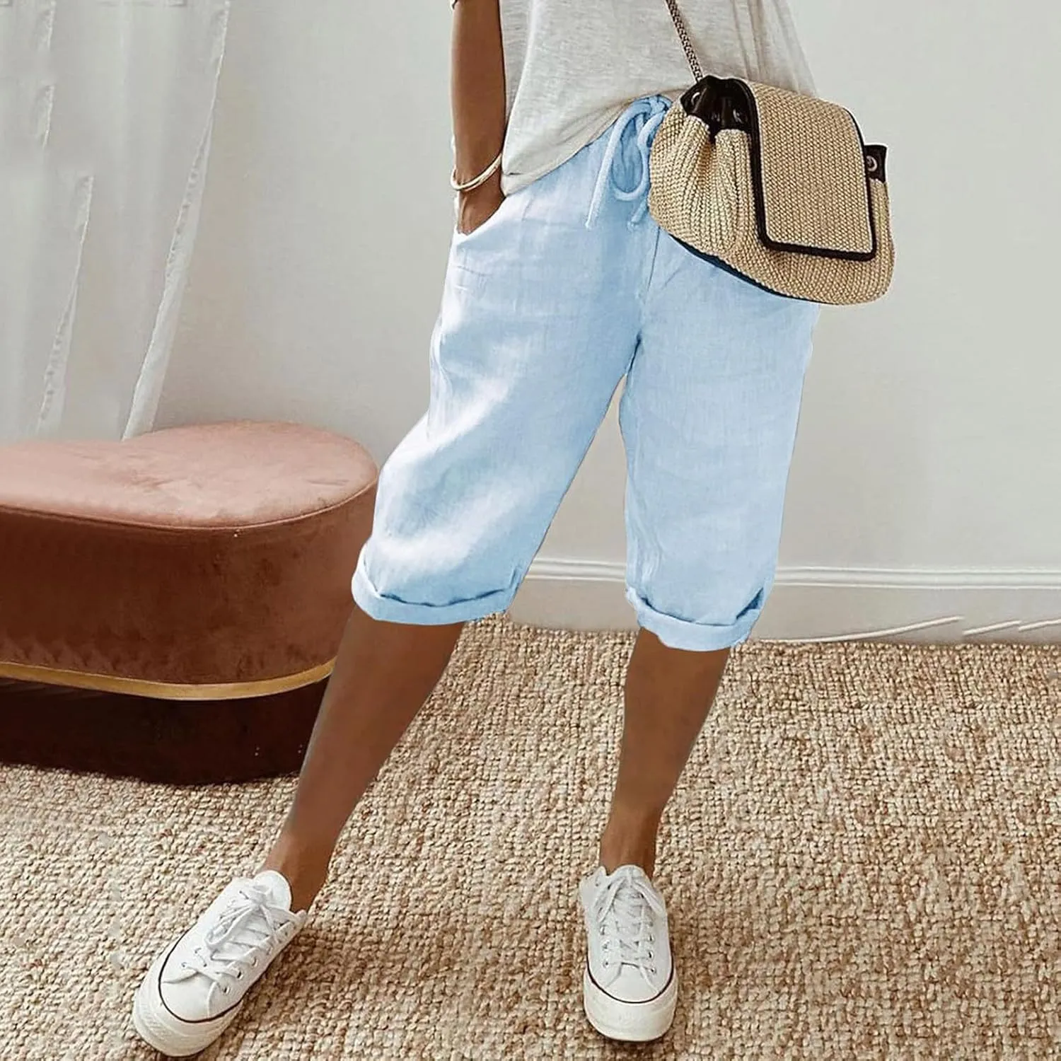 sdbrld Linen Shorts for Women High Waisted Plus Size Knee-Length Bermuda Shorts 2024 Drawstring Casual Summer Shorts w/Pocket