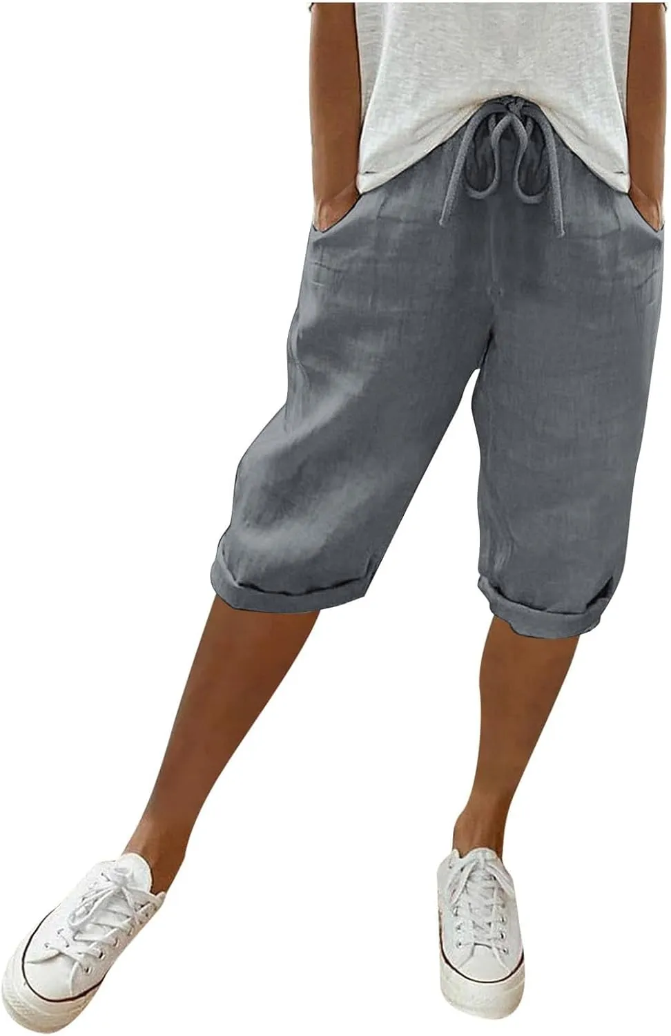 sdbrld Linen Shorts for Women High Waisted Plus Size Knee-Length Bermuda Shorts 2024 Drawstring Casual Summer Shorts w/Pocket