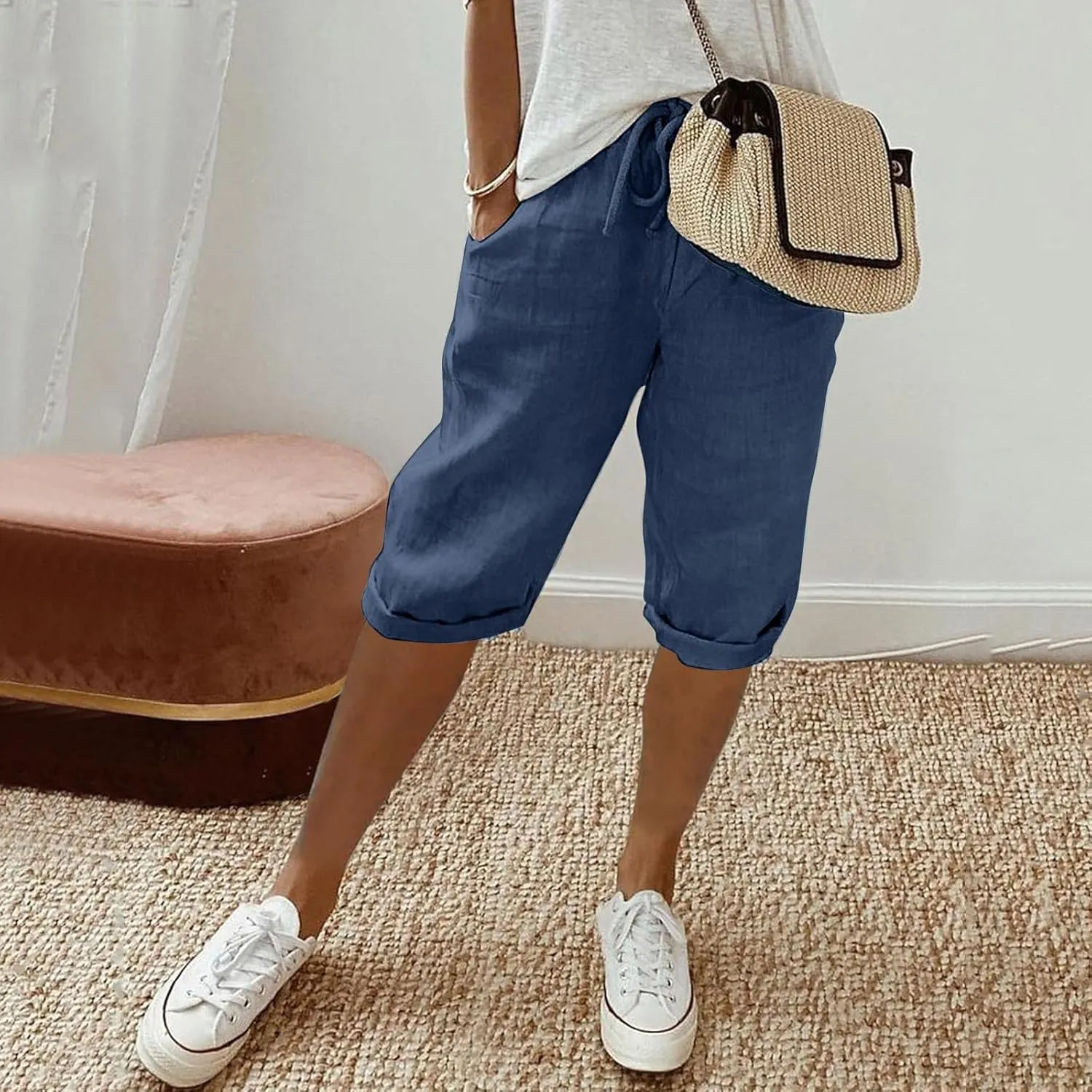 sdbrld Linen Shorts for Women Pull On Plus Size Bermuda Shorts Drawstring Summer Casual High Waisted Knee-Length Beach Shorts