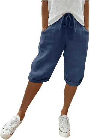 sdbrld Linen Shorts for Women Pull On Plus Size Bermuda Shorts Drawstring Summer Casual High Waisted Knee-Length Beach Shorts