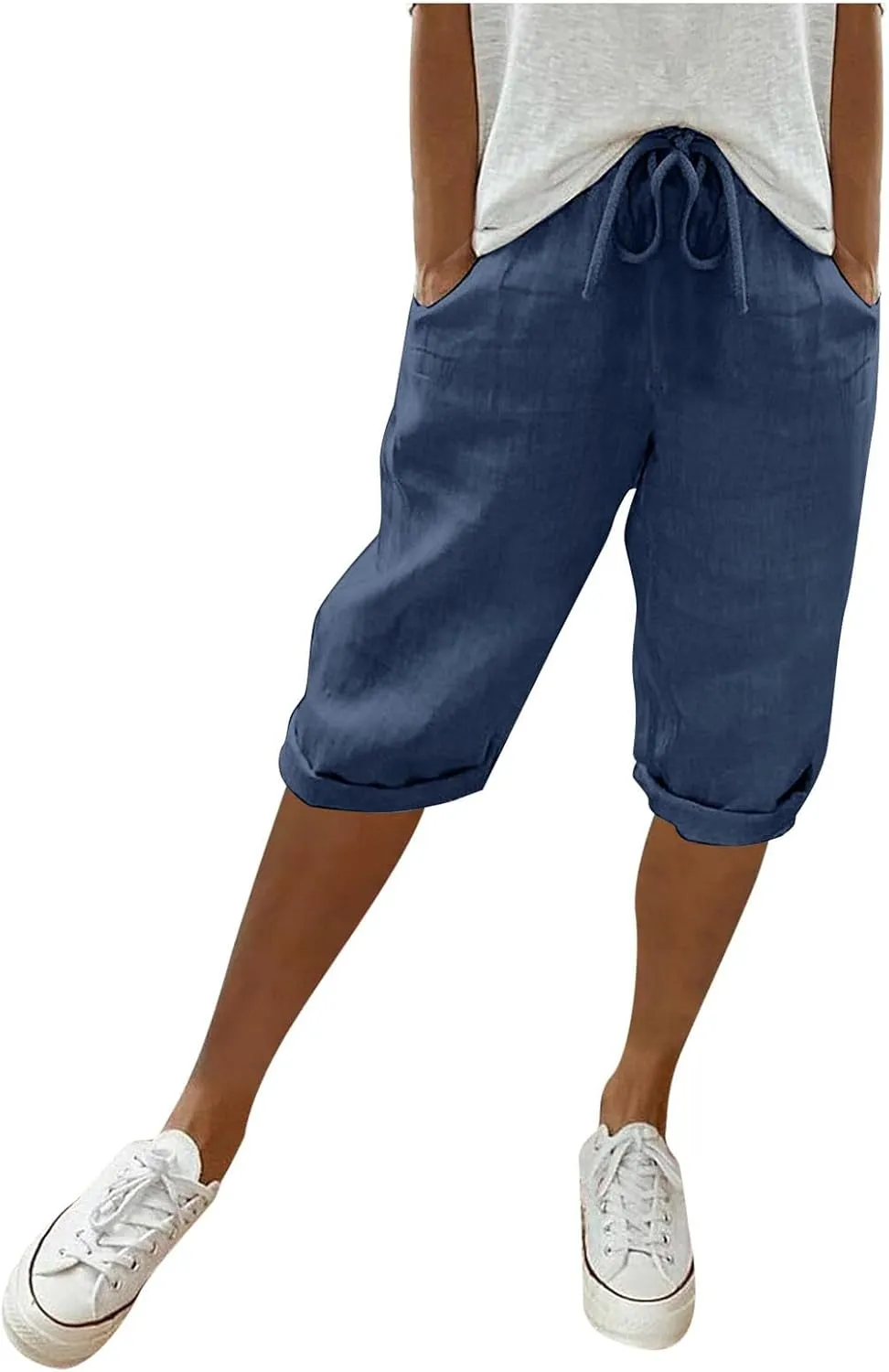 sdbrld Linen Shorts for Women Pull On Plus Size Bermuda Shorts Drawstring Summer Casual High Waisted Knee-Length Beach Shorts