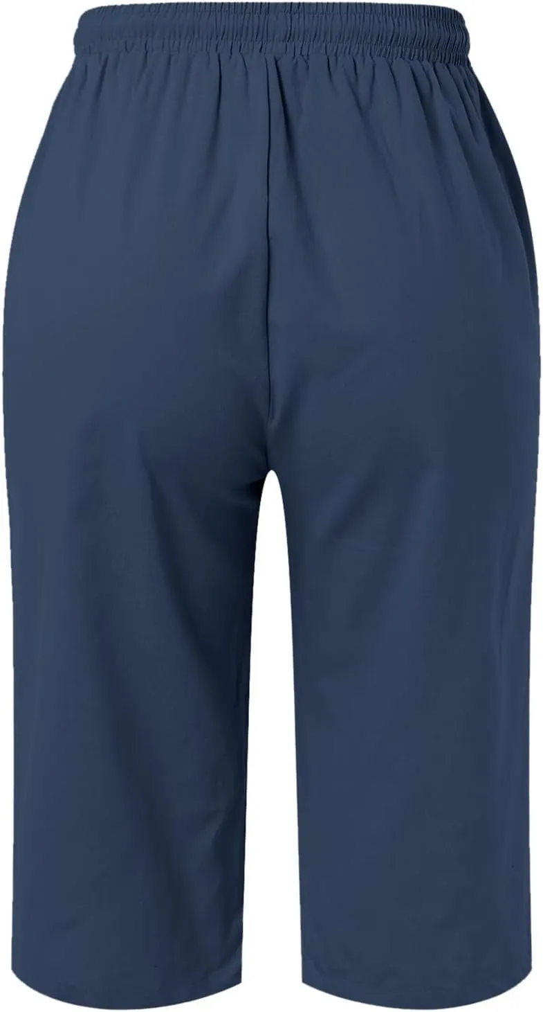 sdbrld Linen Shorts for Women Pull On Plus Size Bermuda Shorts Drawstring Summer Casual High Waisted Knee-Length Beach Shorts