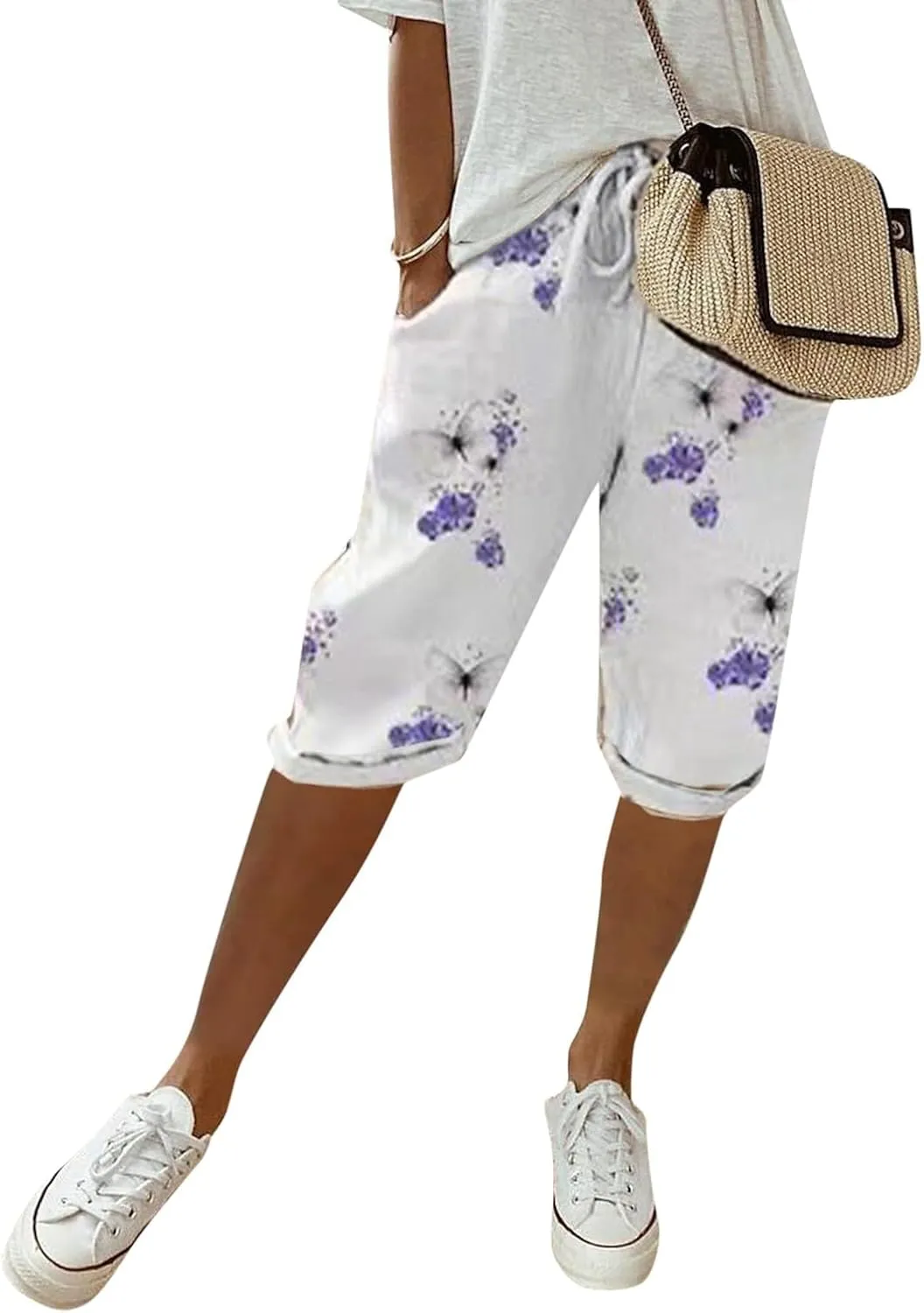 sdbrld Linen Shorts for Women,Womens Bermuda Shorts Knee Length Summer Casual Shorts Drawstring Cotton Linen Shorts w/Pockets