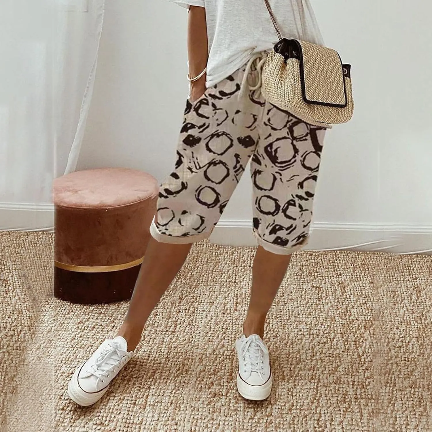 sdbrld Linen Shorts for Women,Womens Bermuda Shorts Knee Length Summer Casual Shorts Drawstring Cotton Linen Shorts w/Pockets