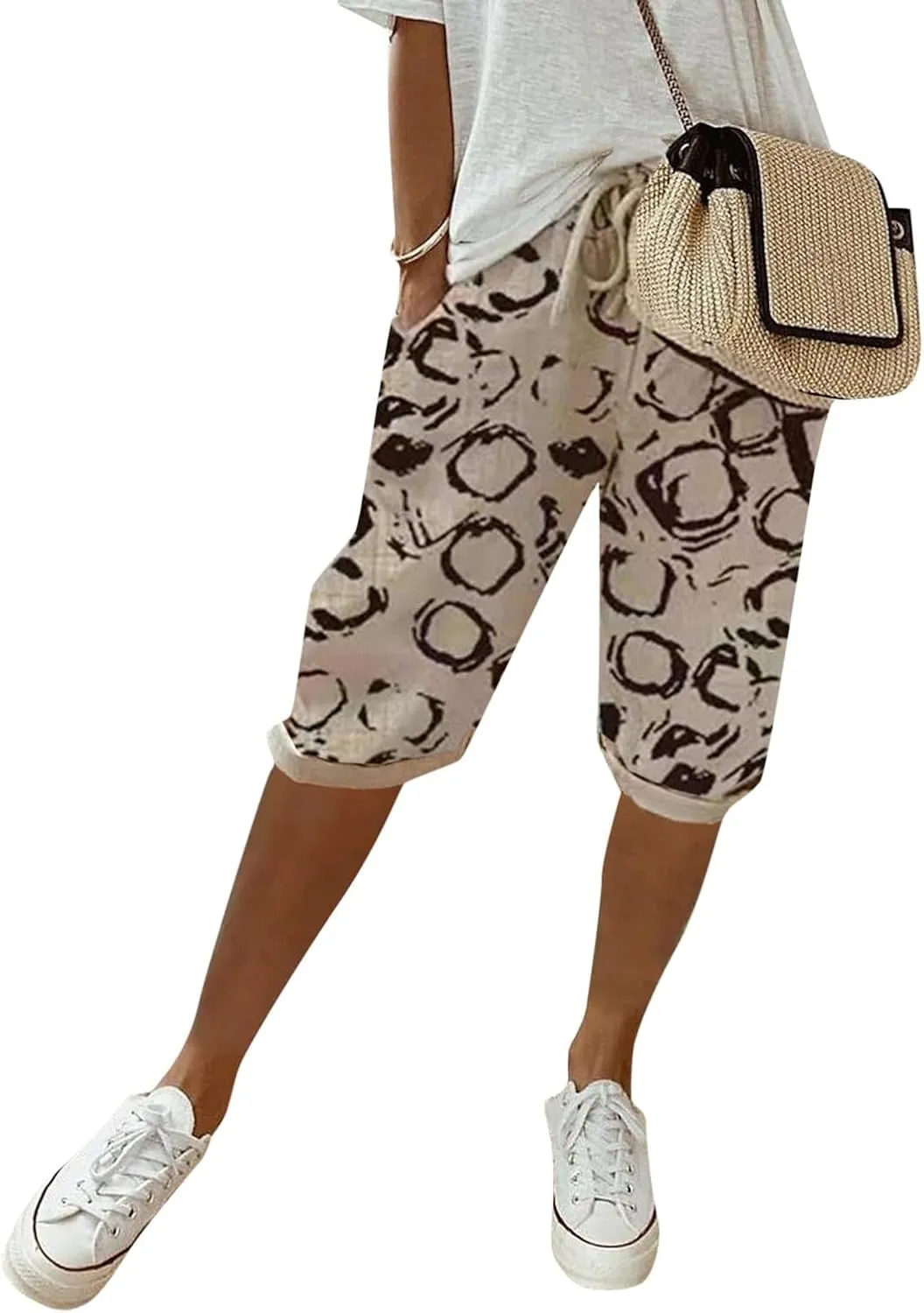 sdbrld Linen Shorts for Women,Womens Bermuda Shorts Knee Length Summer Casual Shorts Drawstring Cotton Linen Shorts w/Pockets