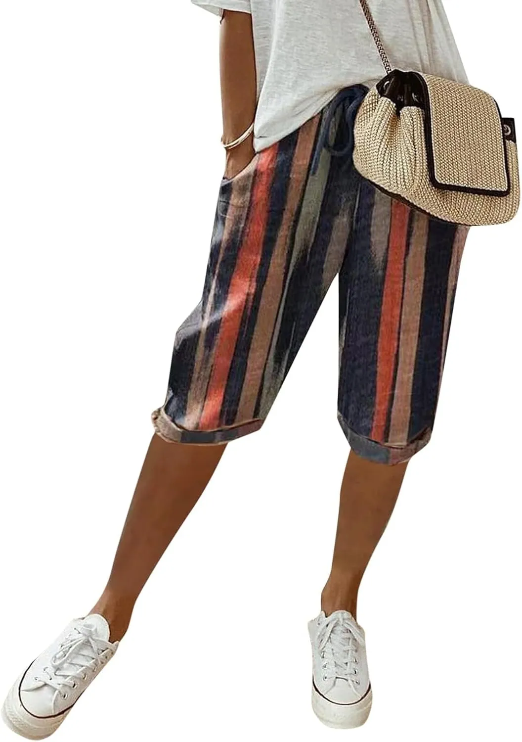sdbrld Linen Shorts for Women,Womens Bermuda Shorts Knee Length Summer Casual Shorts Drawstring Cotton Linen Shorts w/Pockets
