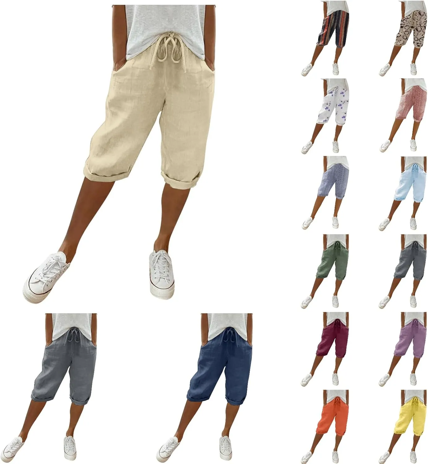 sdbrld Linen Shorts for Women,Womens Bermuda Shorts Knee Length Summer Casual Shorts Drawstring Cotton Linen Shorts w/Pockets