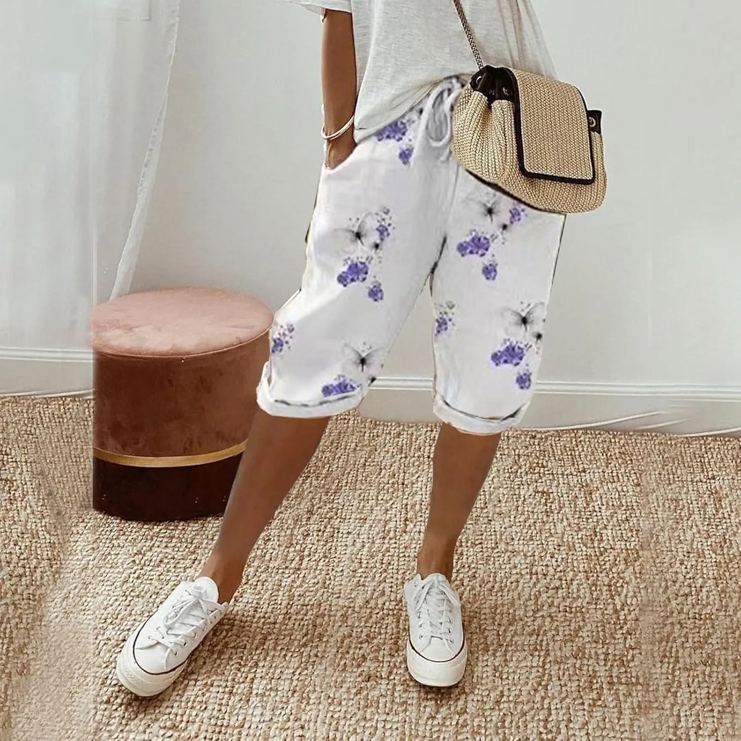 sdbrld Linen Shorts for Women,Womens Bermuda Shorts Knee Length Summer Casual Shorts Drawstring Cotton Linen Shorts w/Pockets