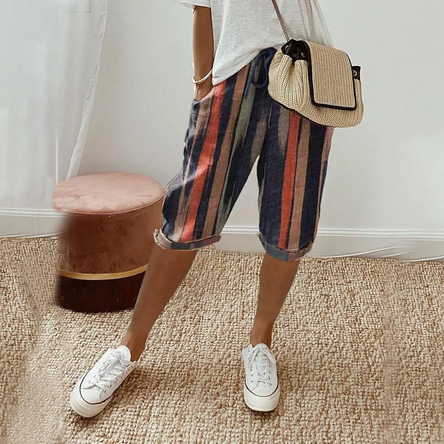 sdbrld Linen Shorts for Women,Womens Bermuda Shorts Knee Length Summer Casual Shorts Drawstring Cotton Linen Shorts w/Pockets