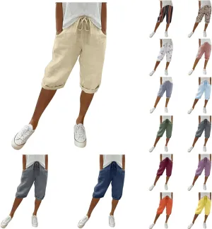 sdbrld Linen Shorts for Women,Womens Bermuda Shorts Knee Length Summer Casual Shorts Drawstring Cotton Linen Shorts w/Pockets