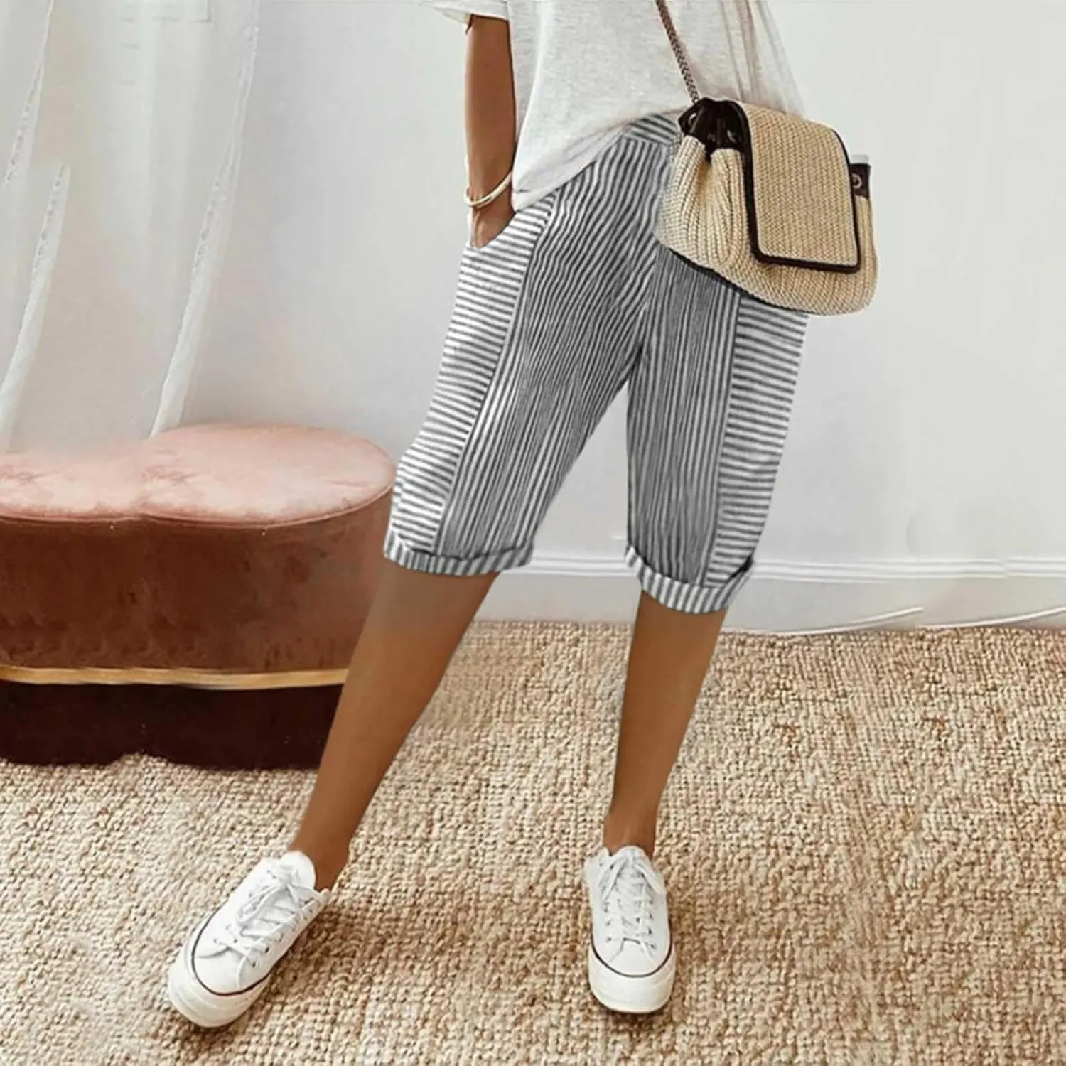 sdbrld Linen Shorts for Women,Womens Bermuda Shorts Knee Length Summer Casual Shorts Drawstring Cotton Linen Shorts w/Pockets