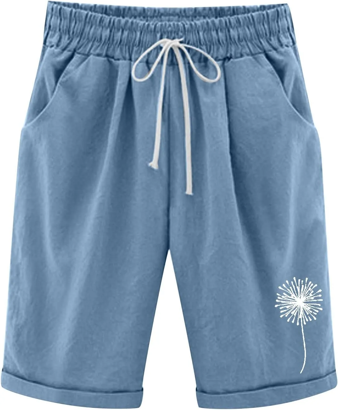 sdbrld Shorts for Women Trendy Knee-Length Bermuda Shorts Summer Dandelion Beach Walking Long Shorts Elastic Waist Drawstring
