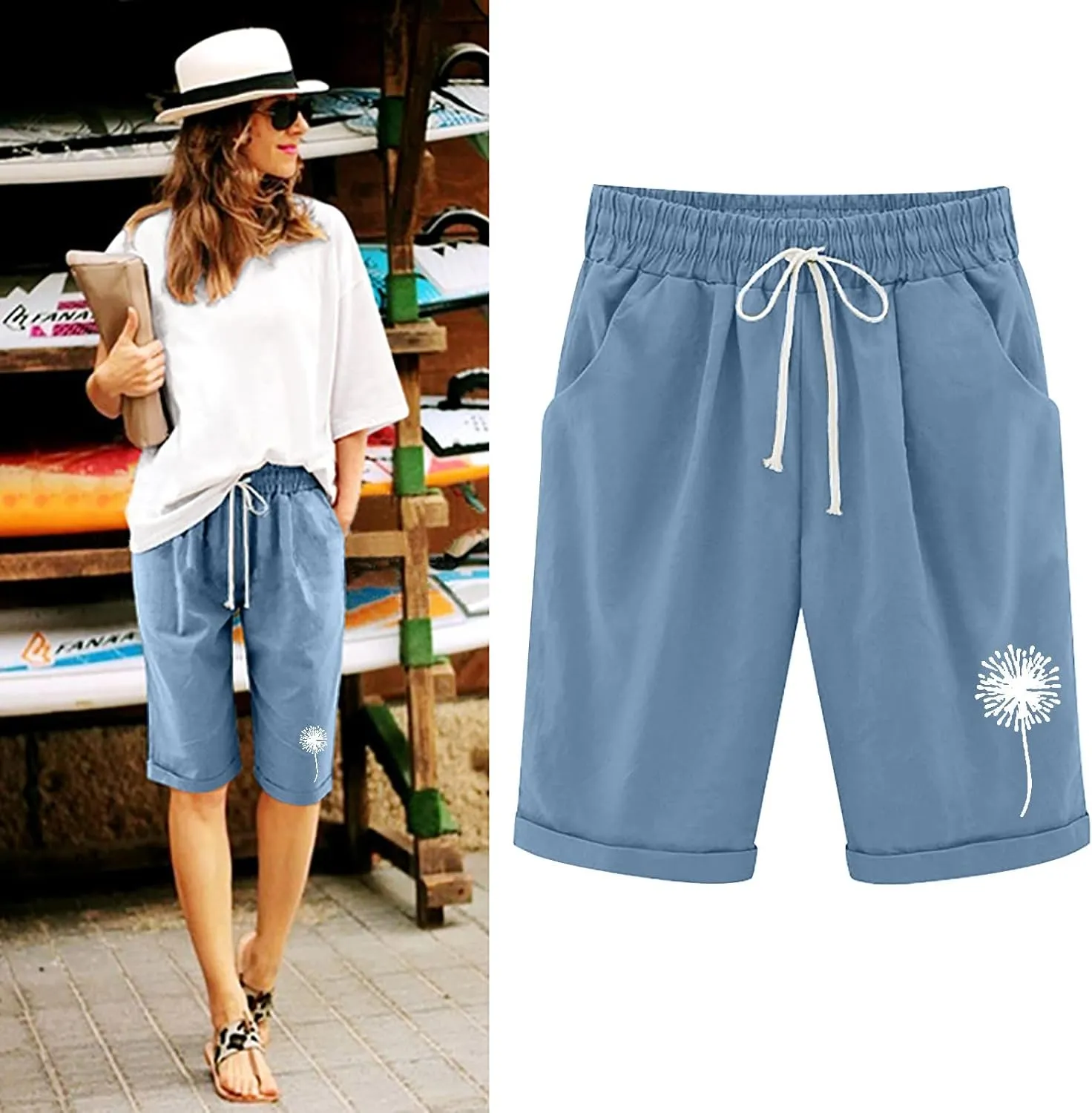 sdbrld Shorts for Women Trendy Knee-Length Bermuda Shorts Summer Dandelion Beach Walking Long Shorts Elastic Waist Drawstring