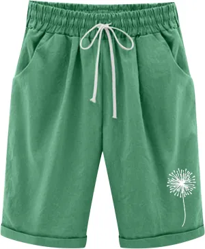 sdbrld Shorts for Women Trendy Knee-Length Bermuda Shorts Summer Dandelion Beach Walking Long Shorts Elastic Waist Drawstring