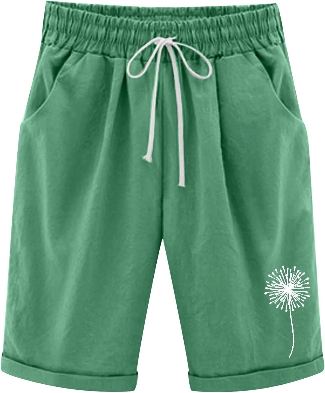 sdbrld Shorts for Women Trendy Knee-Length Bermuda Shorts Summer Dandelion Beach Walking Long Shorts Elastic Waist Drawstring