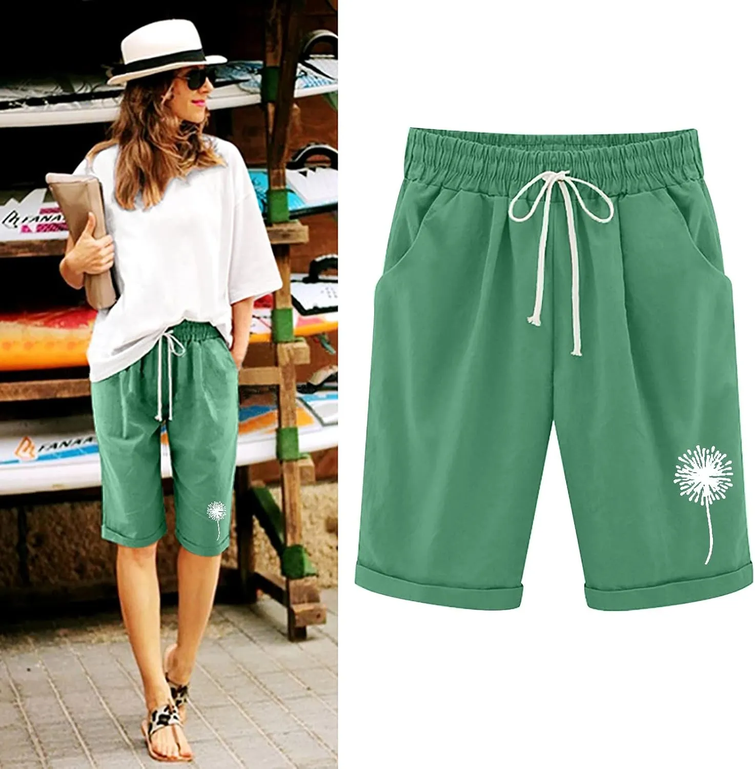 sdbrld Shorts for Women Trendy Knee-Length Bermuda Shorts Summer Dandelion Beach Walking Long Shorts Elastic Waist Drawstring