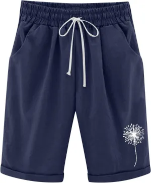 sdbrld Shorts for Women Trendy Knee-Length Bermuda Shorts Summer Dandelion Beach Walking Long Shorts Elastic Waist Drawstring