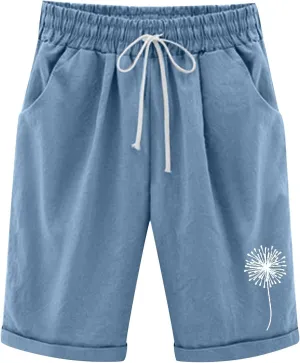 sdbrld Shorts for Women Trendy Knee-Length Bermuda Shorts Summer Dandelion Beach Walking Long Shorts Elastic Waist Drawstring