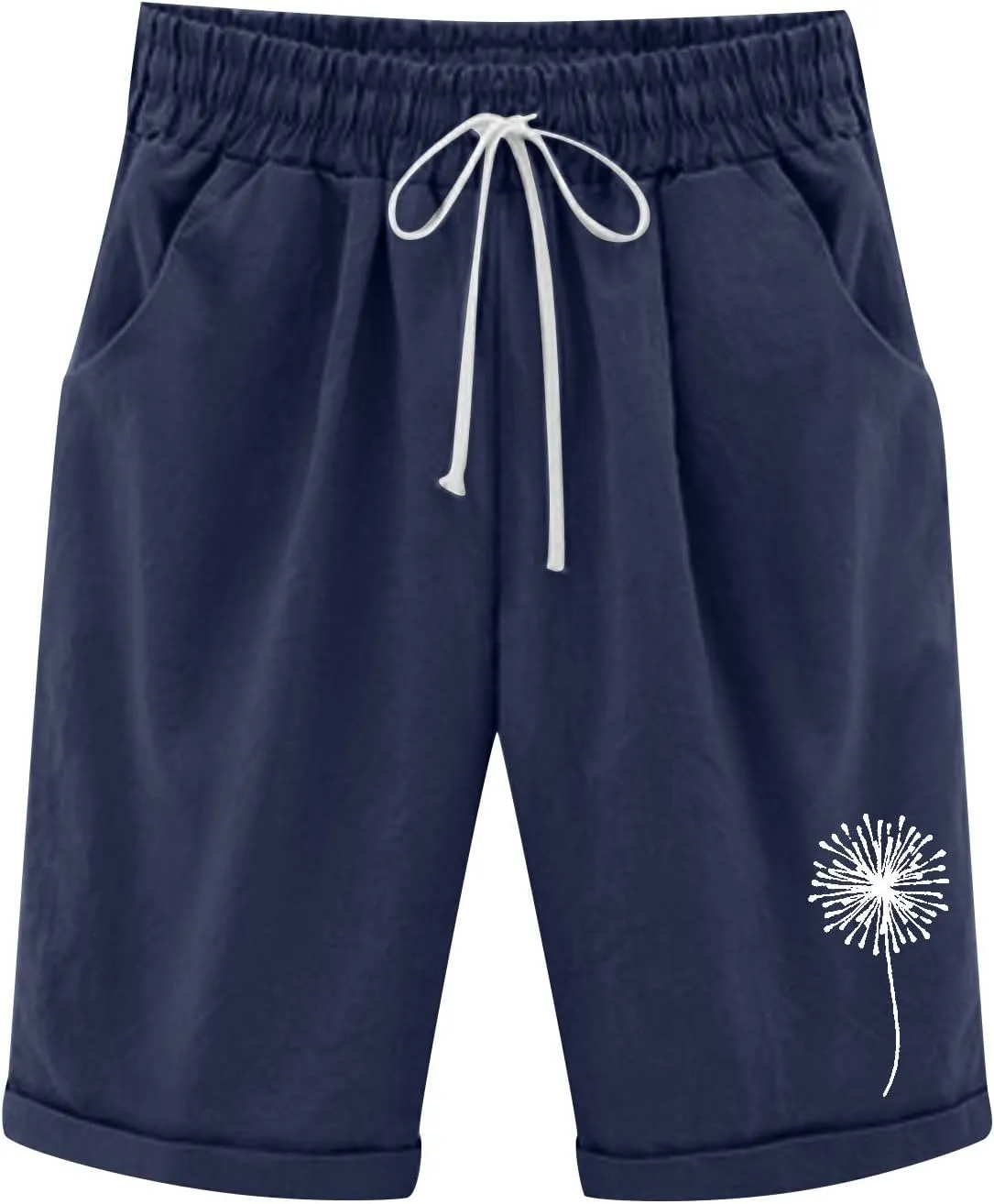 sdbrld Shorts for Women Trendy Knee-Length Bermuda Shorts Summer Dandelion Beach Walking Long Shorts Elastic Waist Drawstring