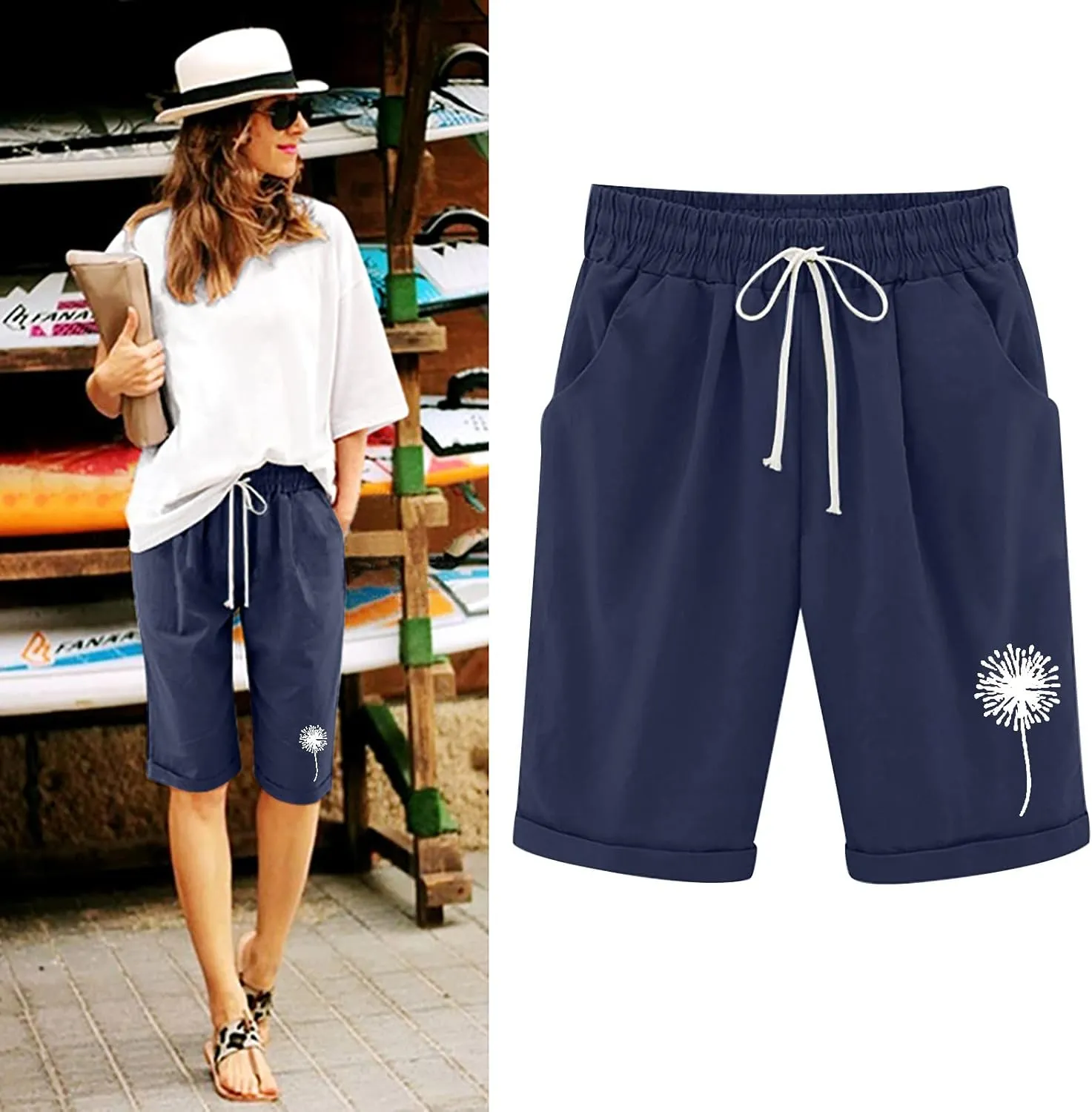 sdbrld Shorts for Women Trendy Knee-Length Bermuda Shorts Summer Dandelion Beach Walking Long Shorts Elastic Waist Drawstring