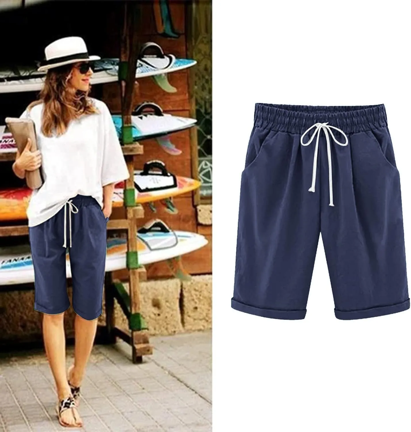 sdbrld Womens Shorts for Summer Knee-Length Casual Bermuda Shorts Walking Hiking Shorts Women with Elastic Waist Drawstring