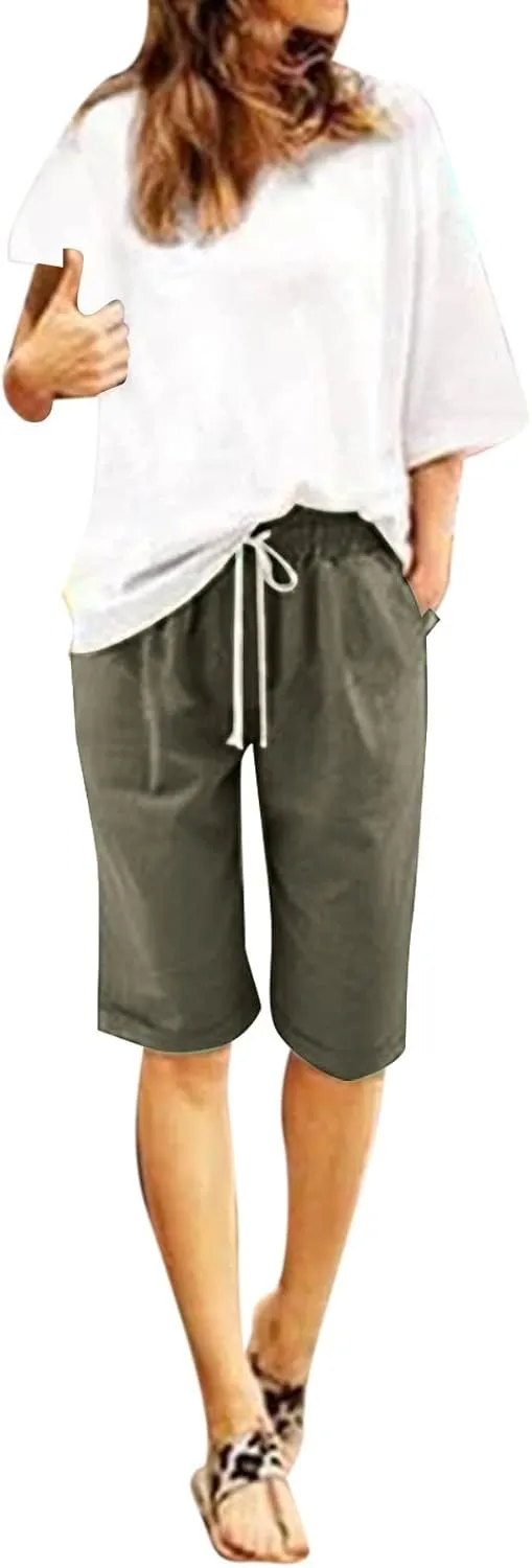 sdbrld Womens Shorts for Summer Knee-Length Casual Bermuda Shorts Walking Hiking Shorts Women with Elastic Waist Drawstring