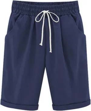 sdbrld Womens Shorts for Summer Knee-Length Casual Bermuda Shorts Walking Hiking Shorts Women with Elastic Waist Drawstring