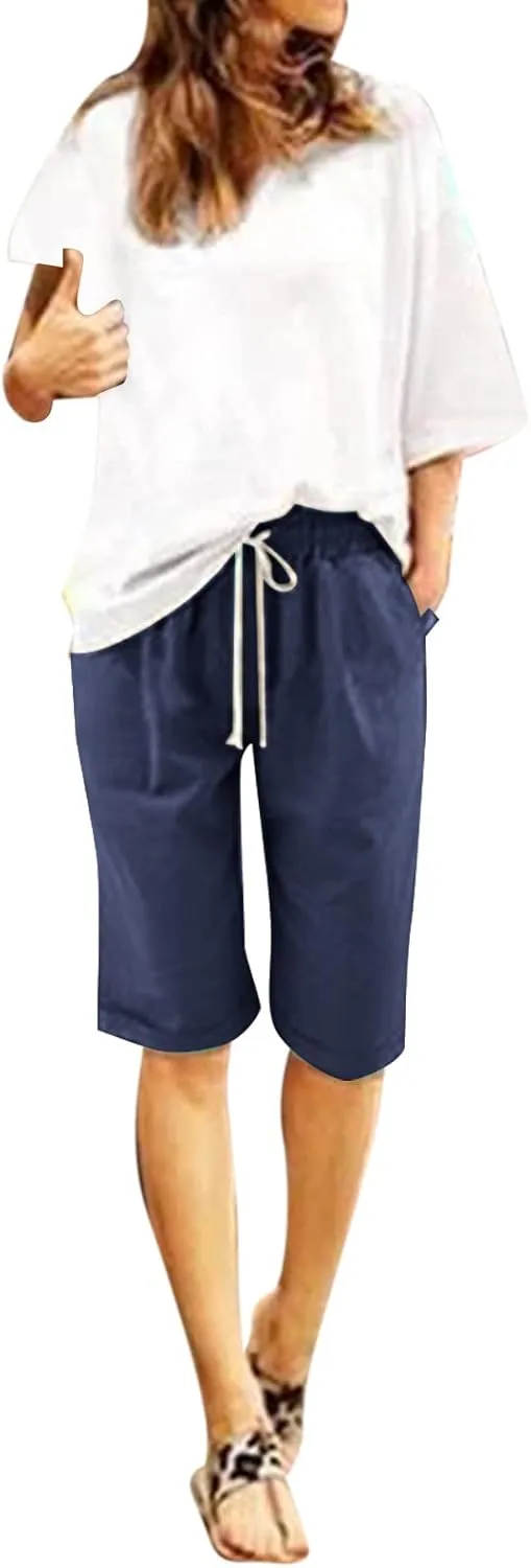 sdbrld Womens Shorts for Summer Knee-Length Casual Bermuda Shorts Walking Hiking Shorts Women with Elastic Waist Drawstring