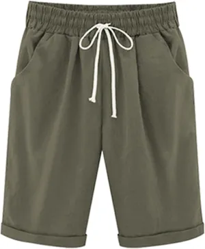 sdbrld Womens Shorts for Summer Knee-Length Casual Bermuda Shorts Walking Hiking Shorts Women with Elastic Waist Drawstring