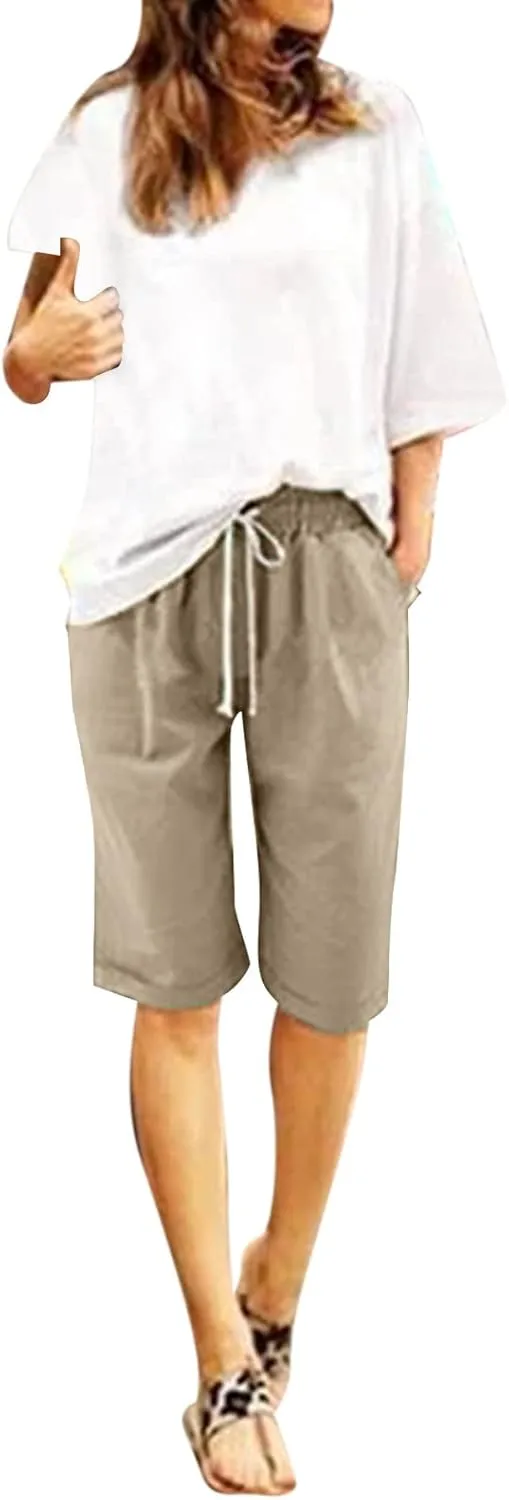 sdbrld Womens Shorts for Summer Knee-Length Casual Bermuda Shorts Walking Hiking Shorts Women with Elastic Waist Drawstring
