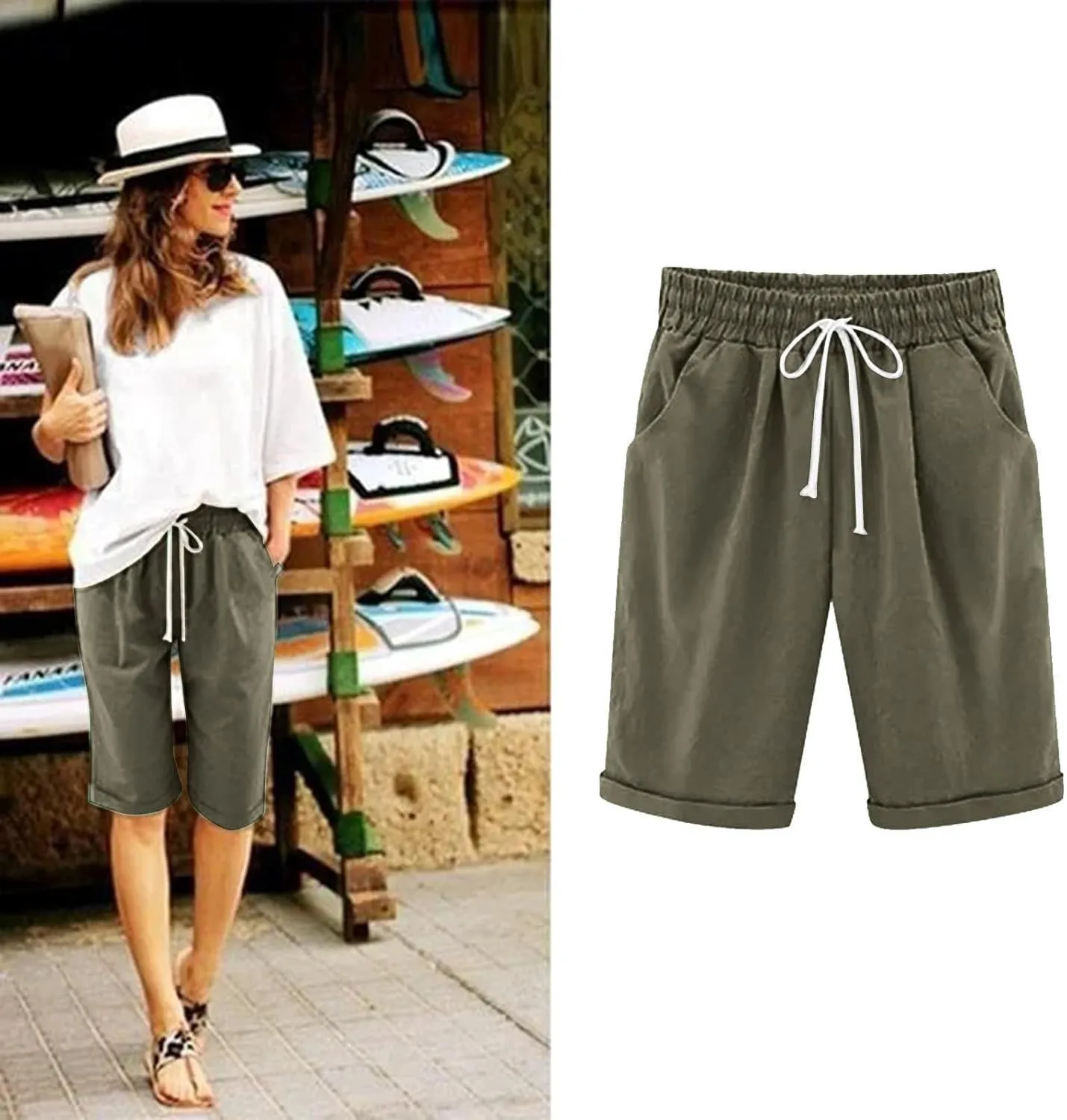 sdbrld Womens Shorts for Summer Knee-Length Casual Bermuda Shorts Walking Hiking Shorts Women with Elastic Waist Drawstring