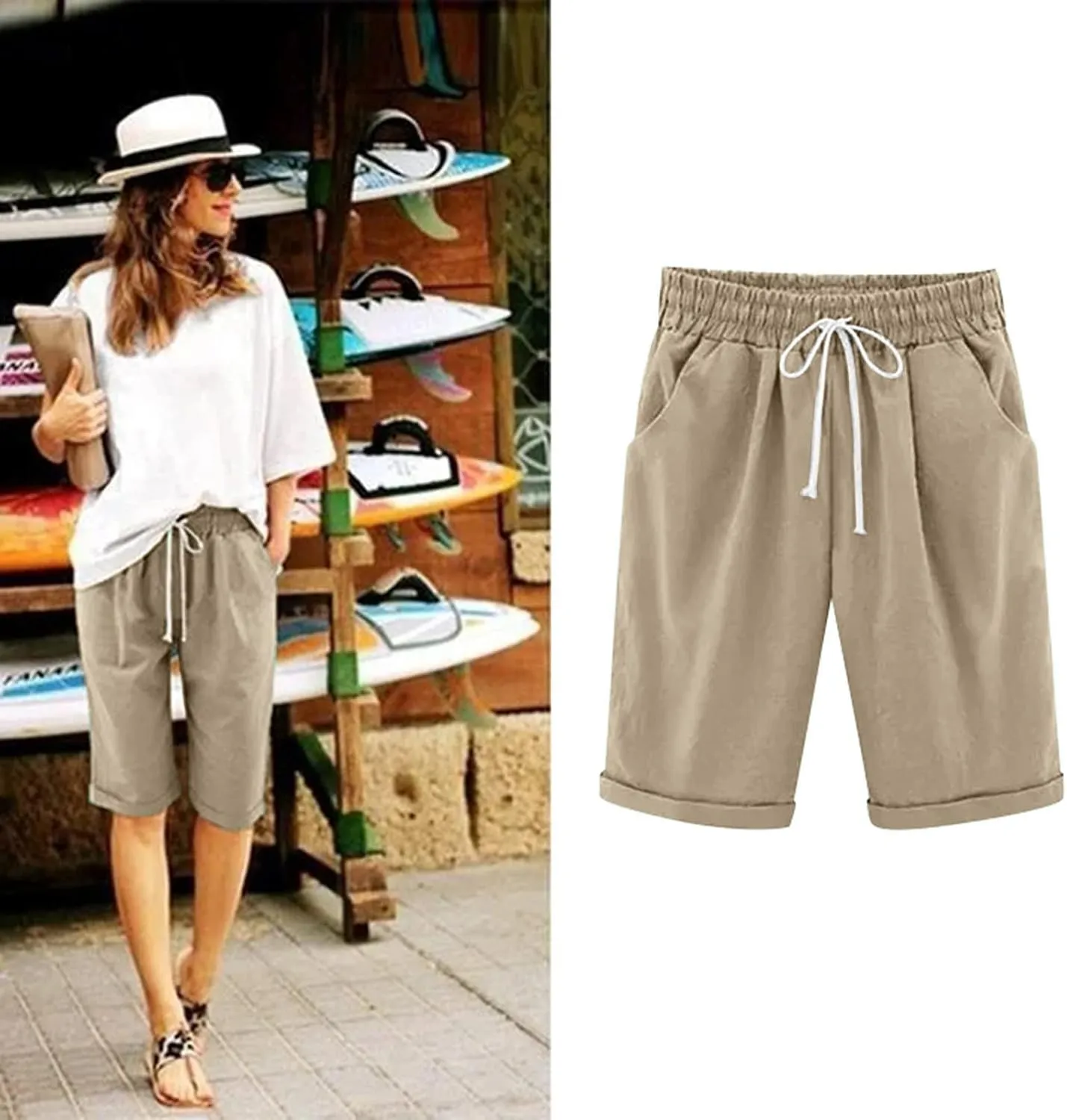 sdbrld Womens Shorts for Summer Knee-Length Casual Bermuda Shorts Walking Hiking Shorts Women with Elastic Waist Drawstring