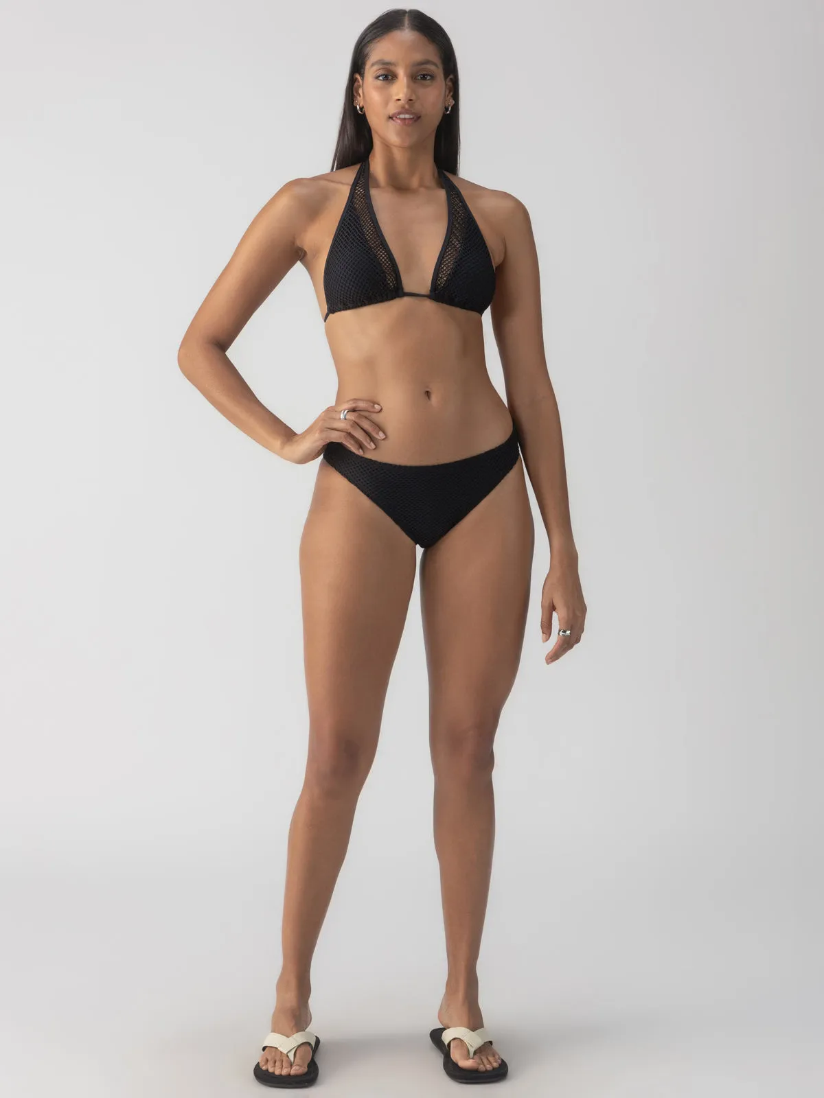 Sea Crochet Halter Tall Tri Bikini Top Black FlexibleCuff Seamless Design