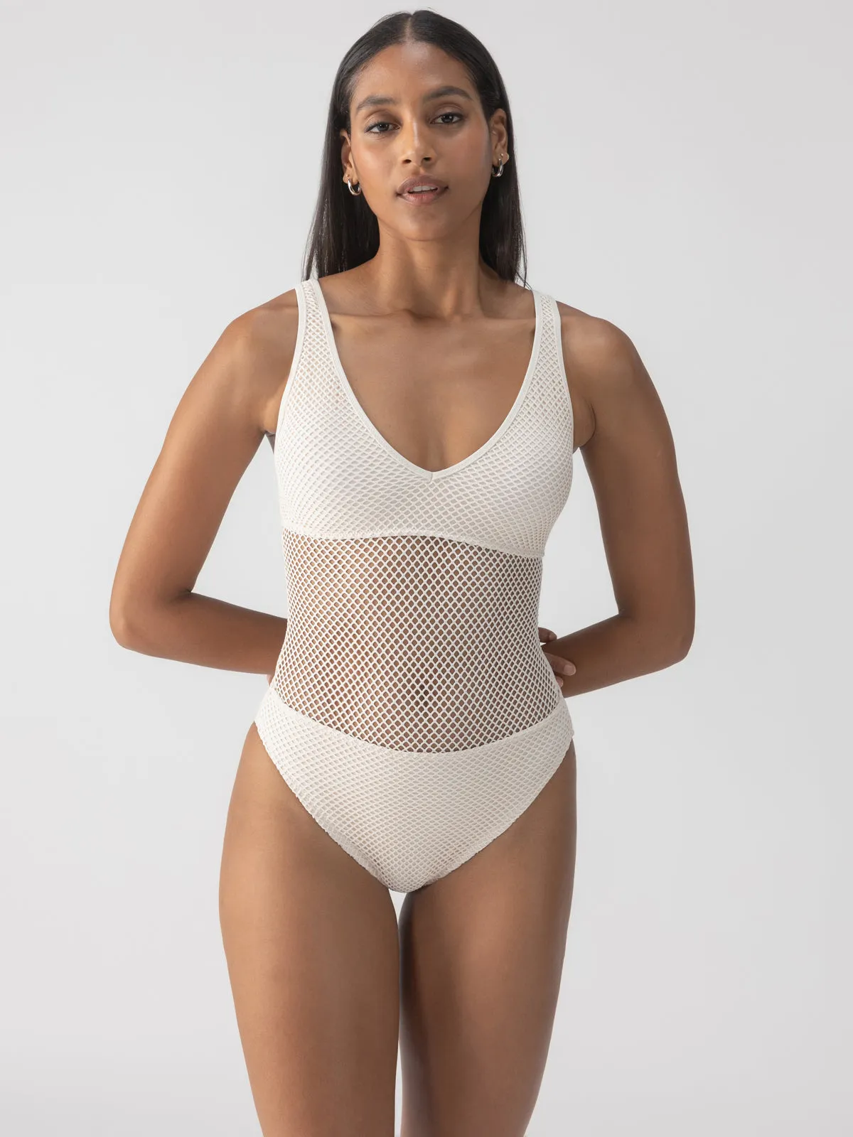 Sea Crochet High Leg Scoop Neck One-Piece White Sand DoubleStitched Construction Quick Dry Blend