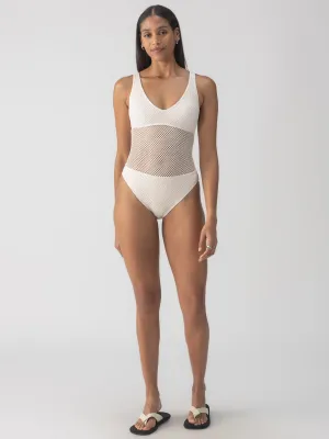 Wrinkle Resistant Weave Sea Crochet High Leg Scoop Neck One-Piece White Sand