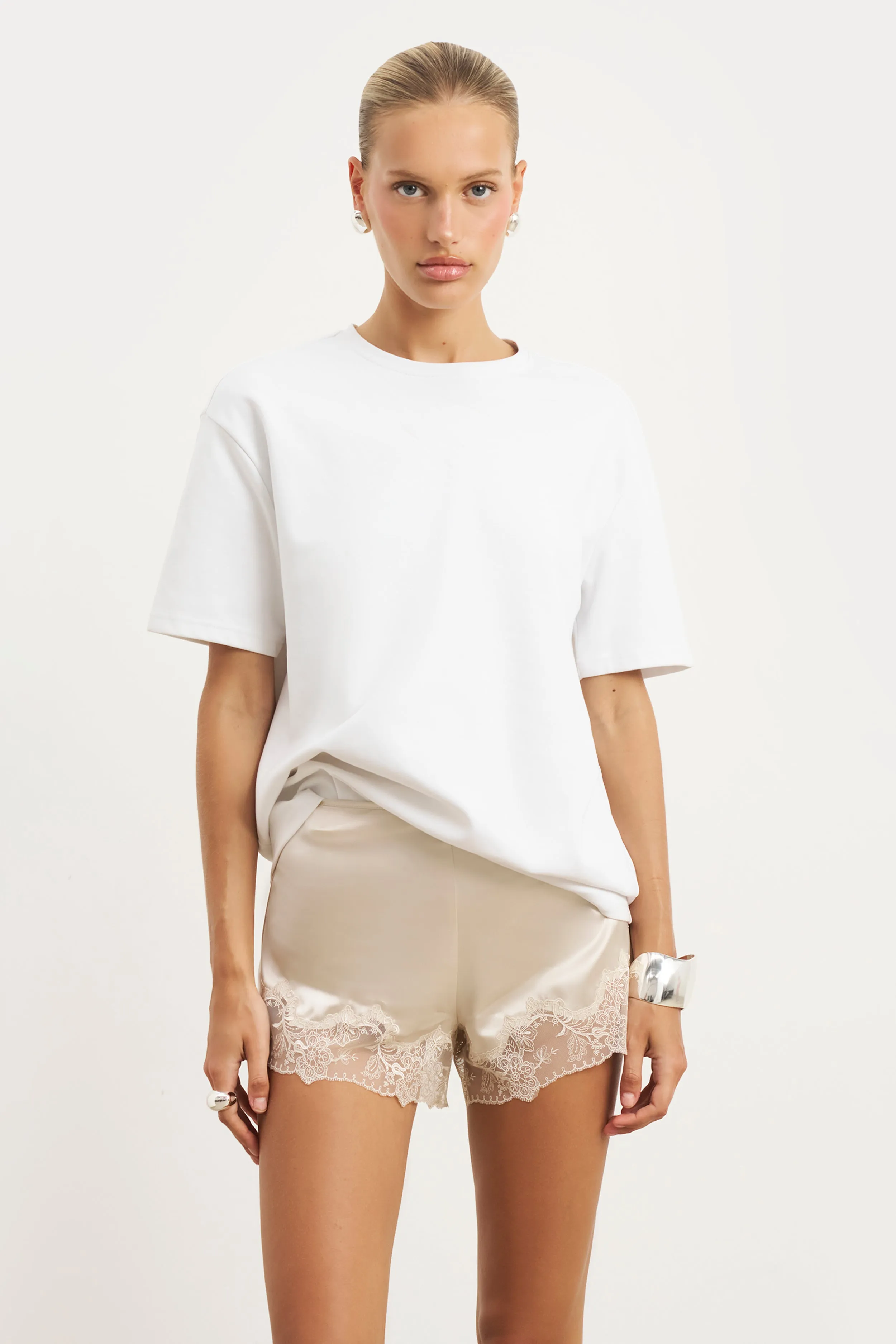 Breeze Stretch Satin Lace Detail Shorts - Champagne