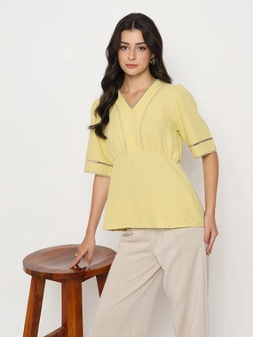 Natural Fiber Blend HypoallergenicConstruction Madame V Neck Yellow Peplum Top