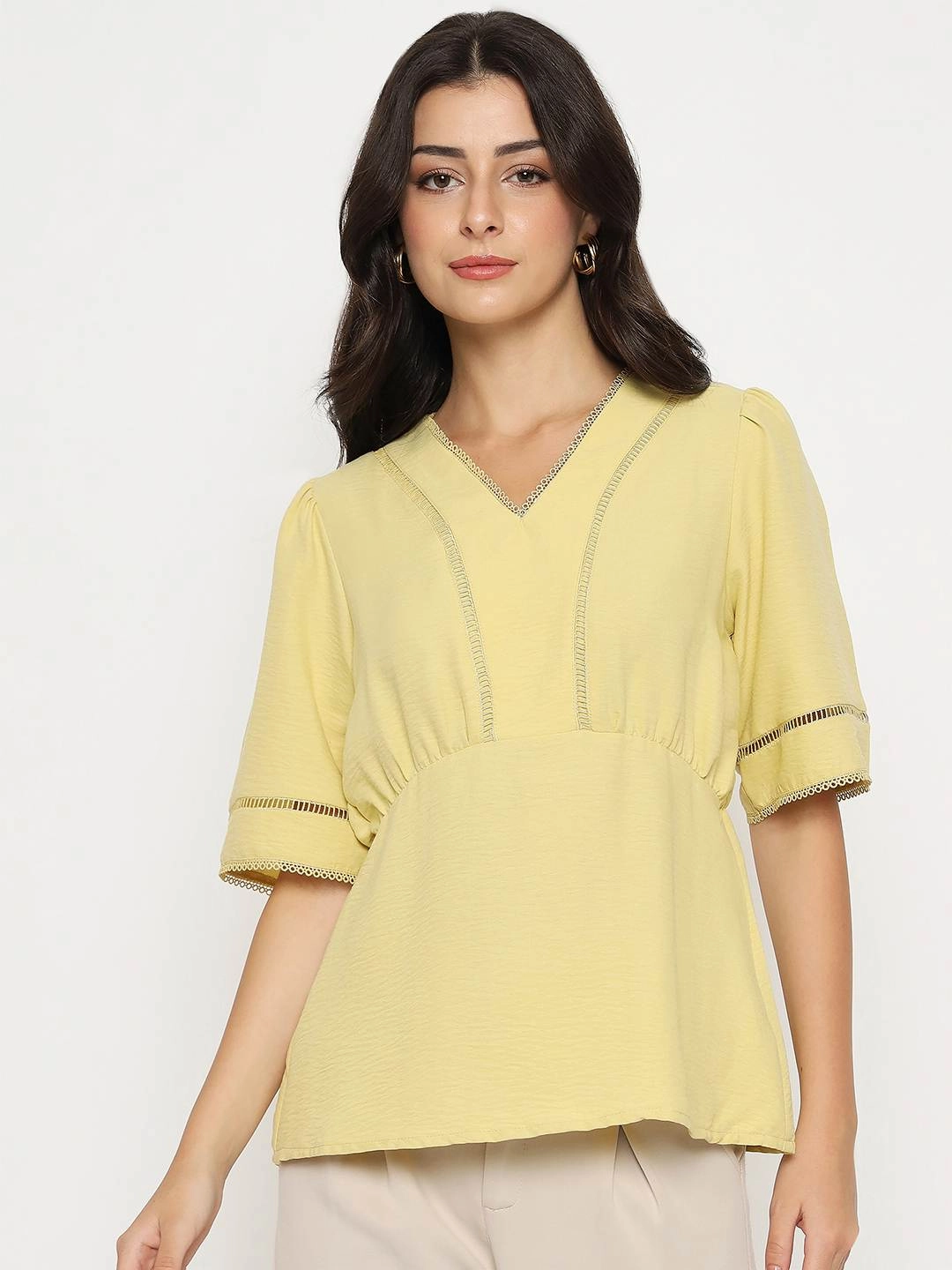 Madame V Neck Yellow Peplum Top Quick Release Buttons VentilatedMesh