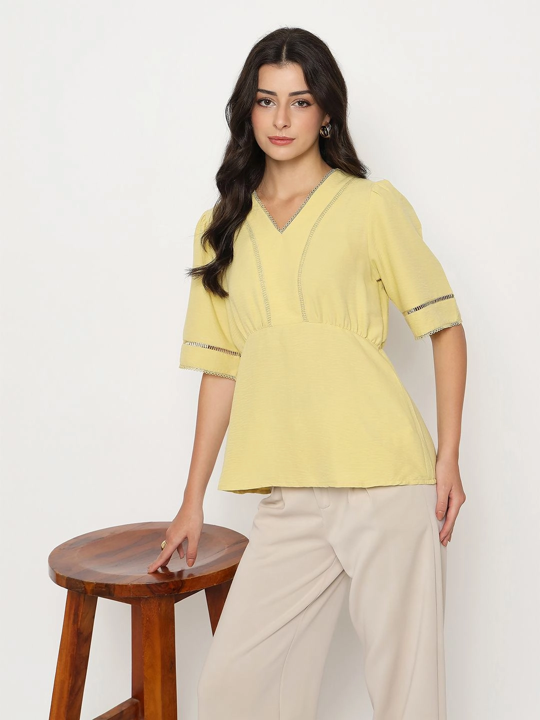 Natural Fiber Blend HypoallergenicConstruction Madame V Neck Yellow Peplum Top