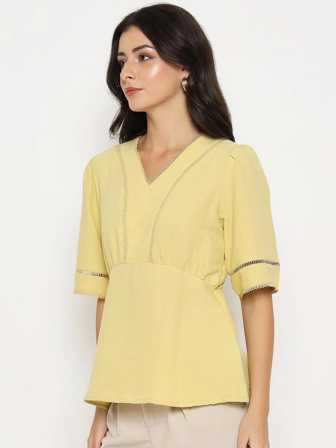 Madame V Neck Yellow Peplum Top Moisture Management Fabric