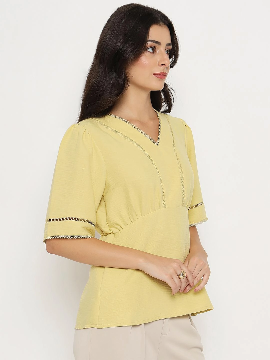 Madame V Neck Yellow Peplum Top Ribbed Collar Style
