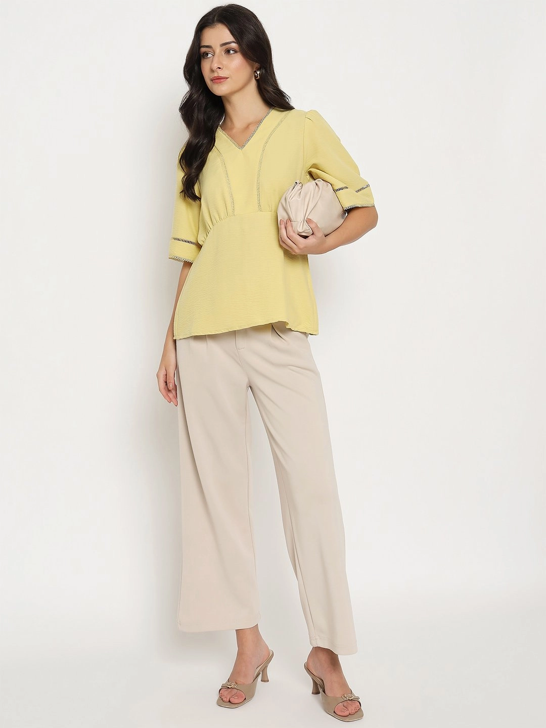 Madame V Neck Yellow Peplum Top OdorResistantTechnology Ribbed Hem Finish