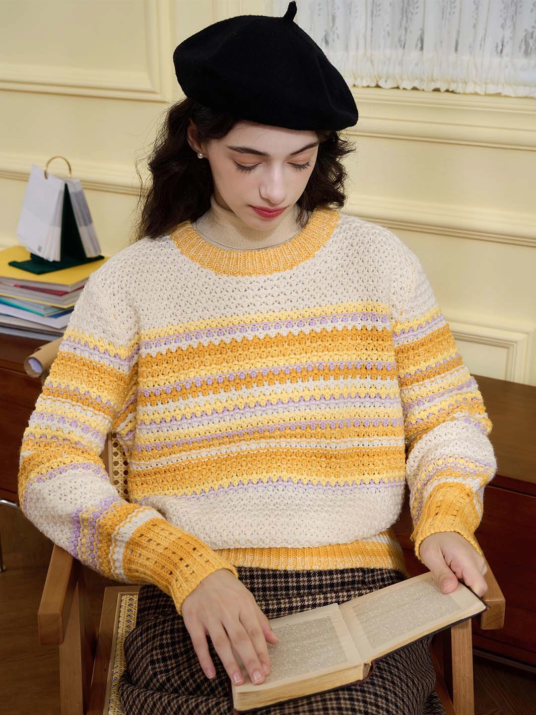 All Day Light Reflective Trims ??Final Sale??Olive Classic Crew Neck Contrast Sweater
