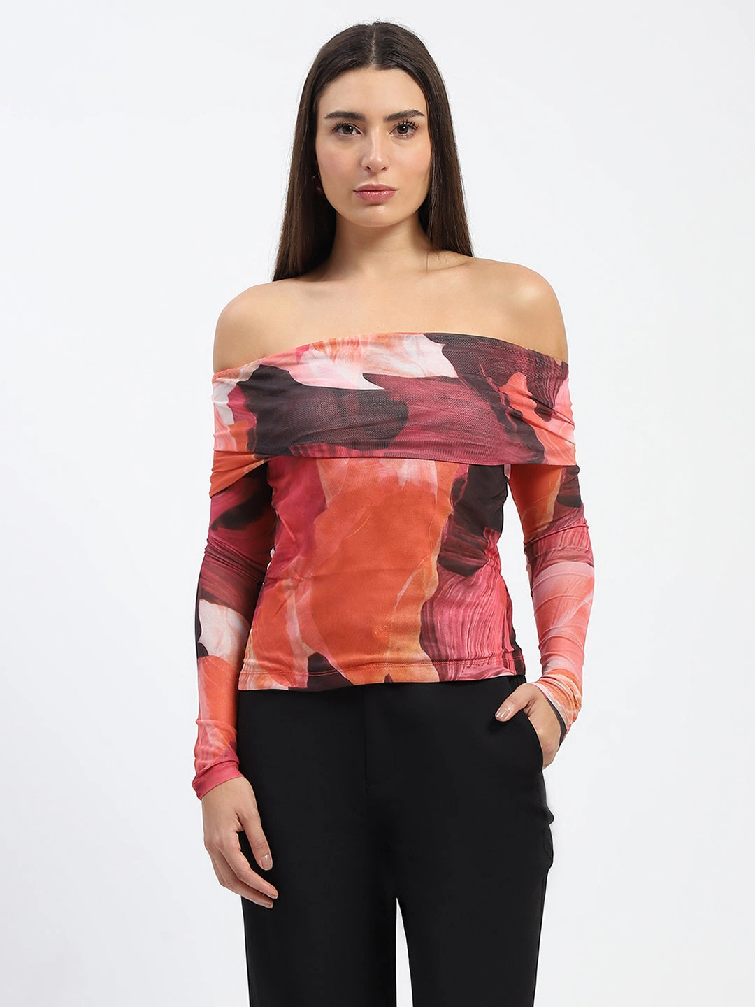 Madame Off Shoulder Semi Sheer Abstract Print Orange Top AntiStaticLining Reinforced Stress Points