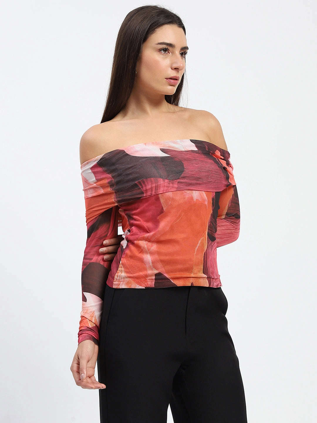Madame Off Shoulder Semi Sheer Abstract Print Orange Top Durable Blend