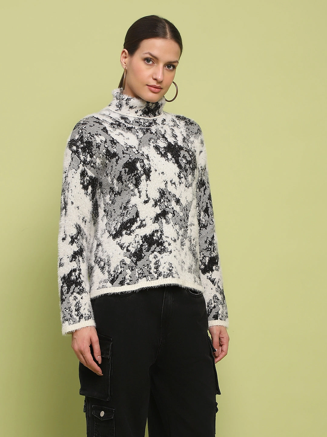 Madame Abstract Print Mock Neck Off White Sweater Ethical Production Knitwear Resilient Stretch Fabric