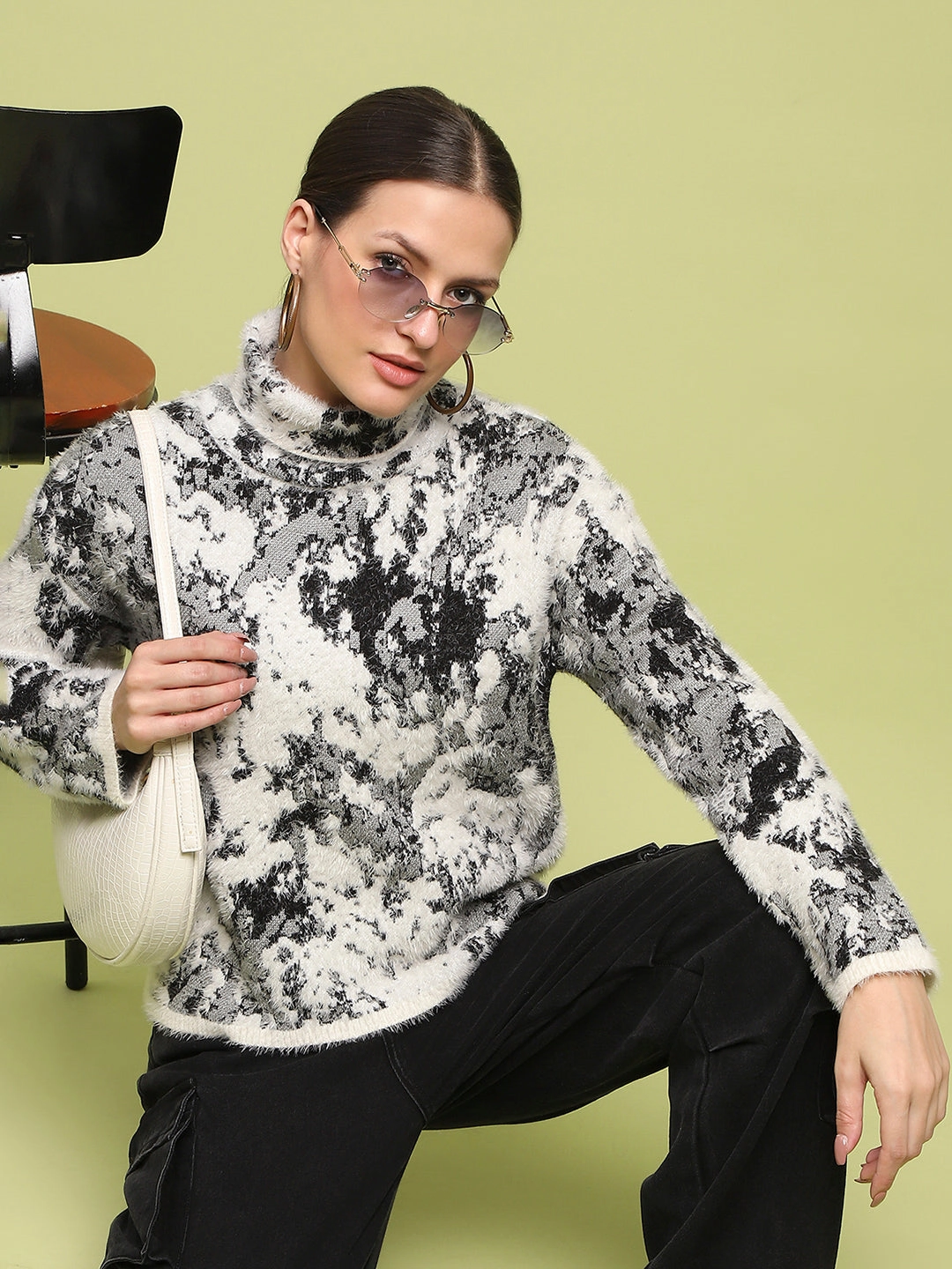 Madame Abstract Print Mock Neck Off White Sweater Chilly Weather Wear Ergonomic Sleeve Shape