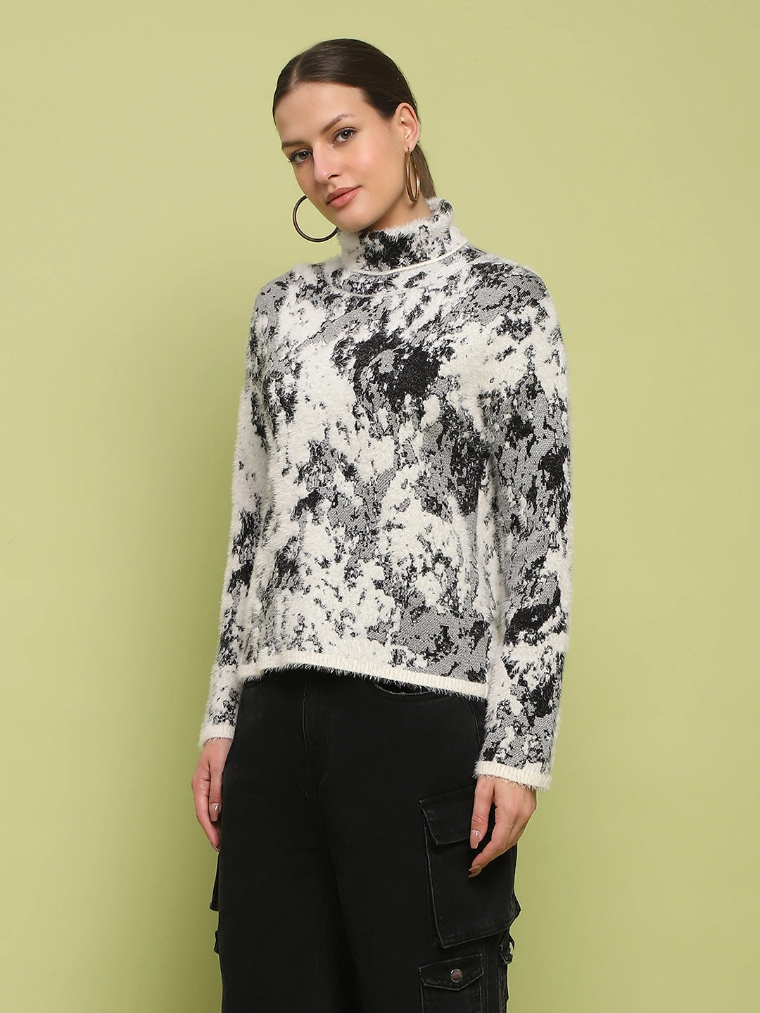Madame Abstract Print Mock Neck Off White Sweater Snug & Stylish